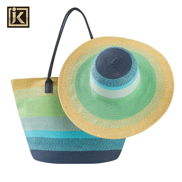 JAKIJAYI Factory price bohemia rainbow colorful hat stripe paper straw beach bag set for women