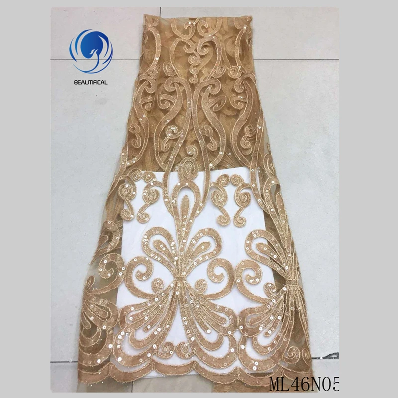 Beautifical gold sequins lace 2019 lace fabrics nigerian dresses french tulle lace 5 yards ML46N05