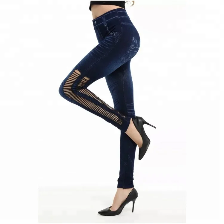Новые стильные женские сексуальные джинсы, леггинсы с вырезами, Бесшовные Джинсовые штаны для йоги