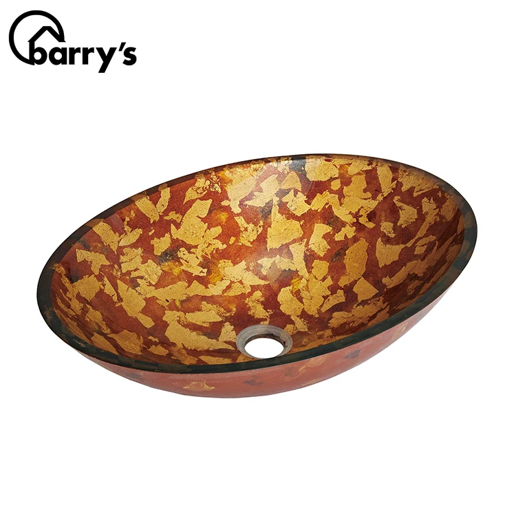 
Golden oval shaped foil tempered glass vessel sink countertop wash art basin 