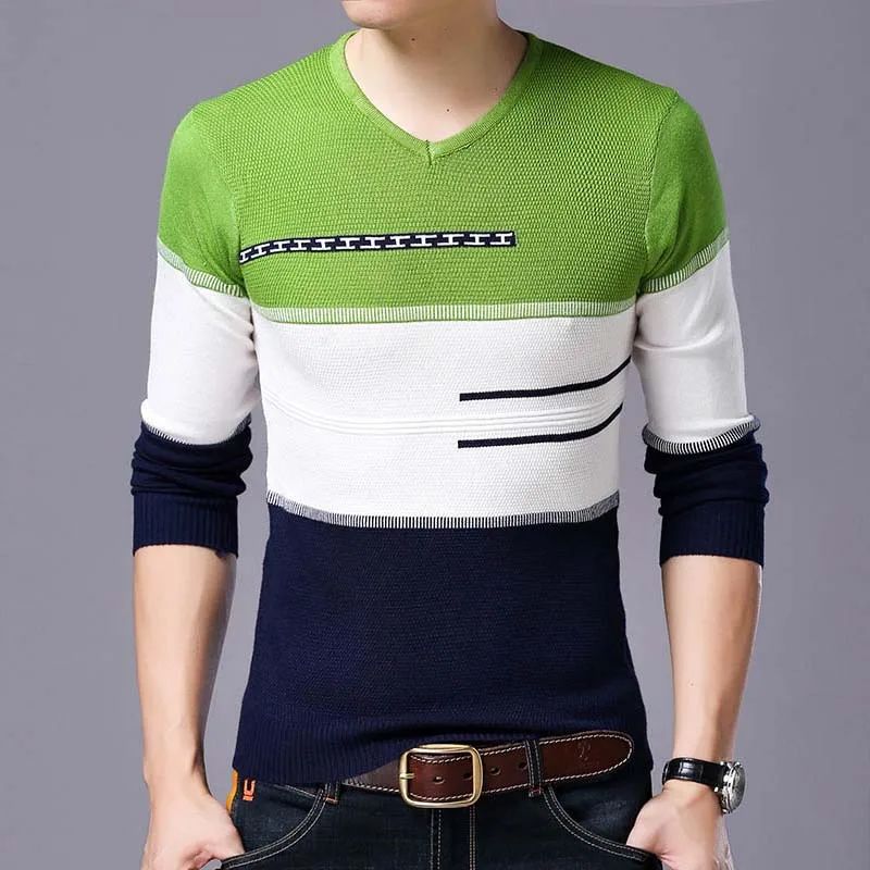 Мужской осенне-зимний тонкий акриловый вязаный джемпер в полоску с круглым вырезом