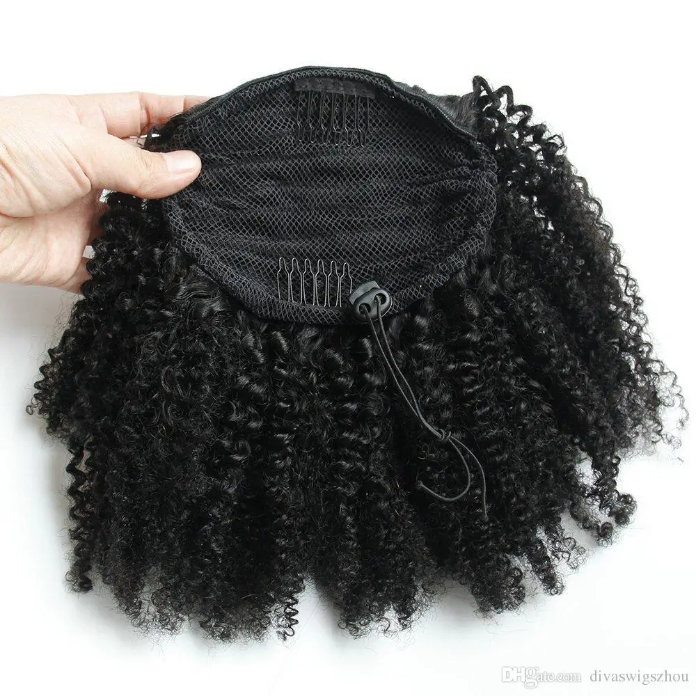 120g Short natural  kinky curly human hair drawstring ponytails Clip ins natural hair puff pony tail
