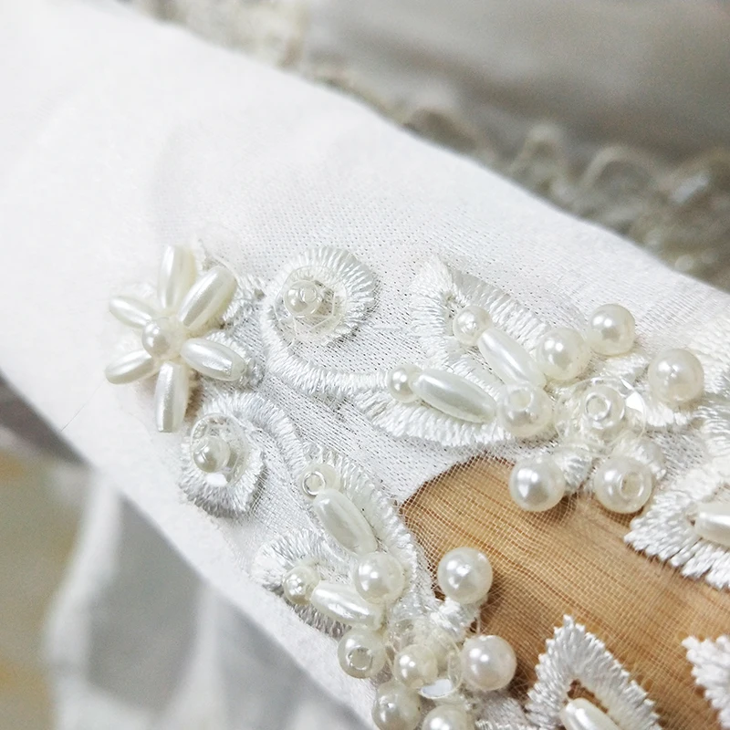 
with appliqued lace pearl beaded elbow length wedding bridal gloves 