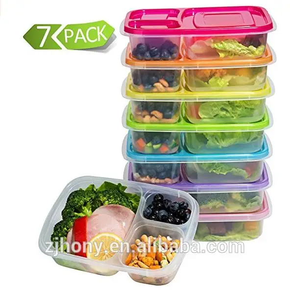 2017 best Meal Prep Containers 3-Compartment Lunch Boxes Food Storage Containers with Lids, BPA Free Plastic Bento Box Set of 7