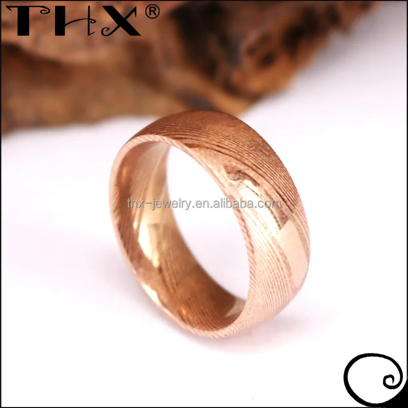 Cool Unique Men Women Rose Gold Pure Damascus Steel Wedding Ring