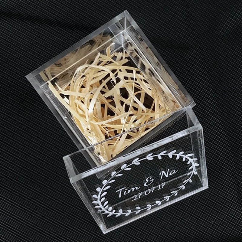 15 Years Factory Custom Rustic Clear Glass Look Acrylic Engagement Ring Bearer Box Holder Wedding Ring Box