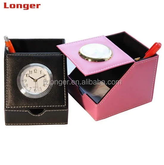 LG-B001 Pu leather handmade rectangle table deco plastic pen holder alarm clock for car remote storage box for office use