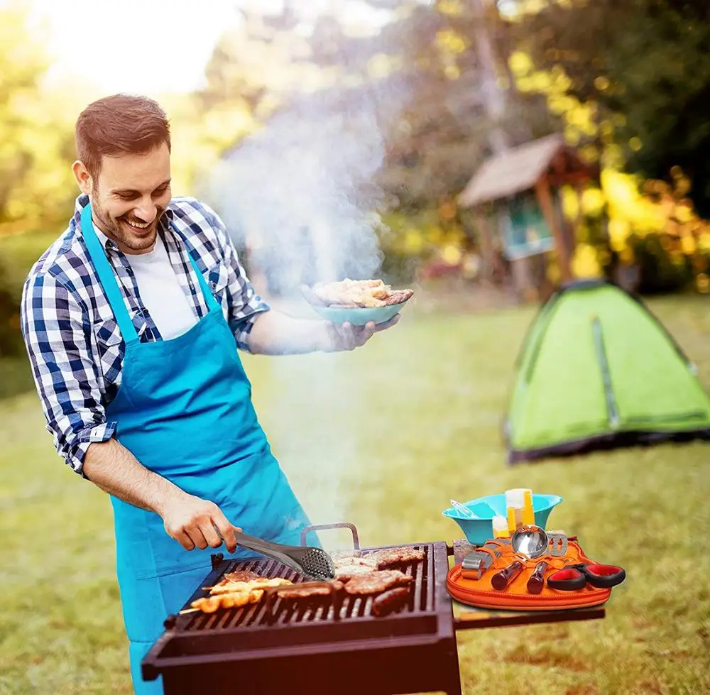 
Black outdoor camping kitchen utensil set cutlery 8 piece set portable cookware barbecue tool set 