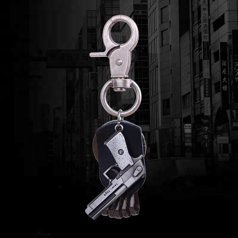 Promotional leather keyholder metal trinket gun keychain & keyrings for men women car key chains Souvenir Gift
