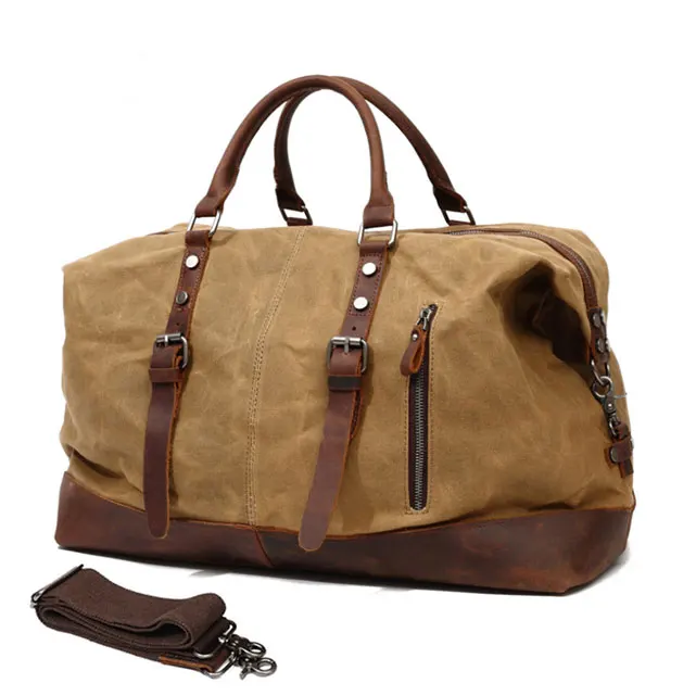 BEARKY wholesale custom top vintage crazy horse leather waxed wax canvas travel duffle bag