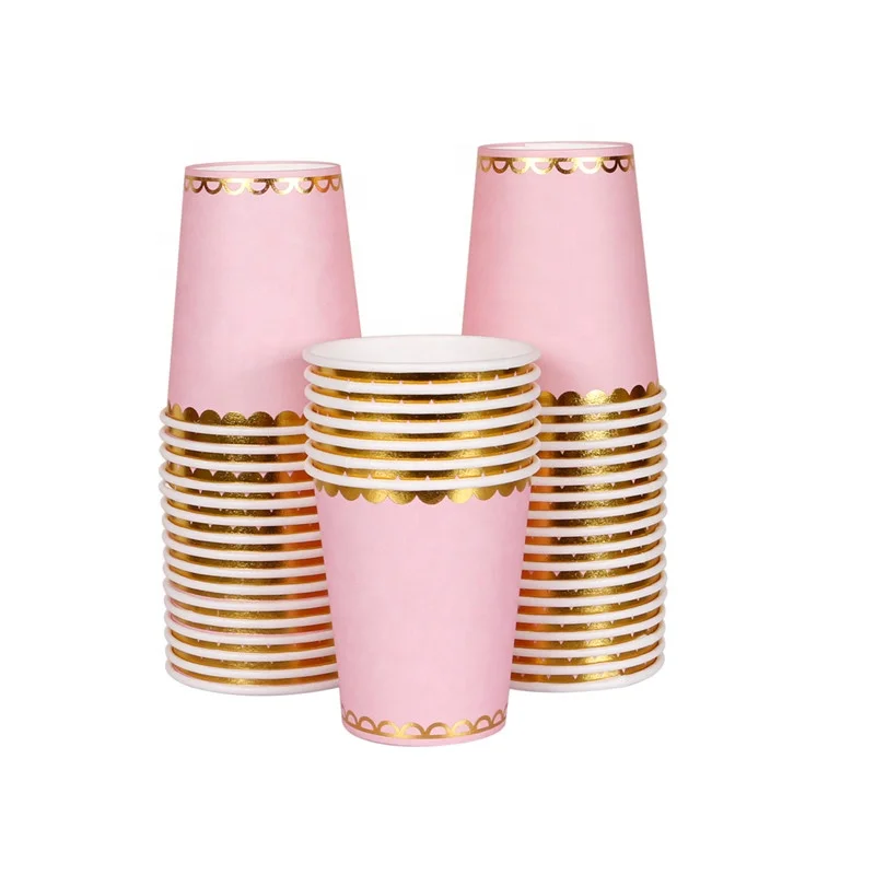 Wholesale New Hot Sell Disposable 250gsm  9 oz Pink Gold Border Paper Cups