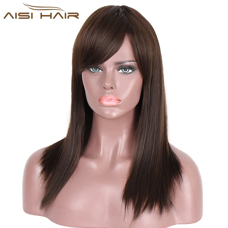 Aisi Hair Long Silky Straight Wigs Synthetic Brown Hair Heat Resistant Fiber Wigs With Bangs For Women Natural Looking