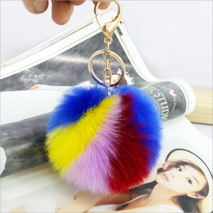 
Yongze 8cm four-color colorful furry ball pretty faux fur puff ball of fur charm keychains faux fur puff keychain ball 