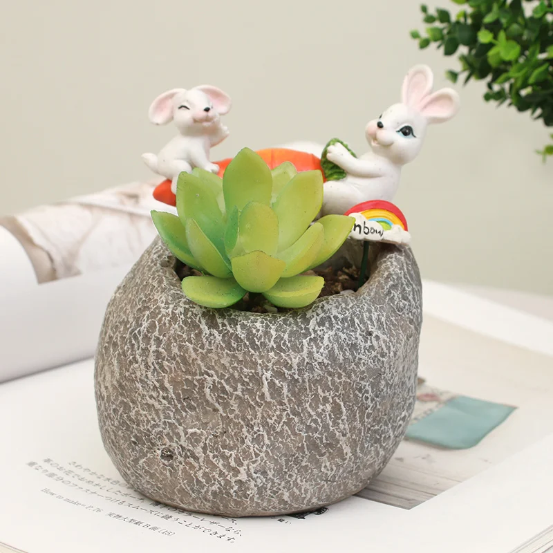 Roogo Cute Fairy Garden Miniature Imitation Stone Bunny Hedgehog Frog Bee Animal Planter Plant Box Succunlent Pots Handicrafts