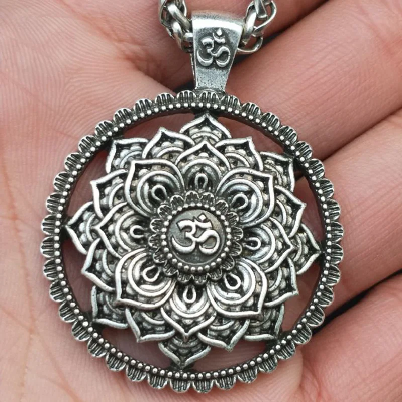 Indian Mythology Ancient Indian Mandala Flower Necklace Mandala Pendant Antique Silver Zen Yoga Necklace