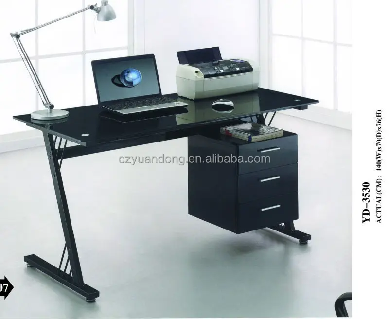 tempered glass desktop computer desk with cabinet and drawer