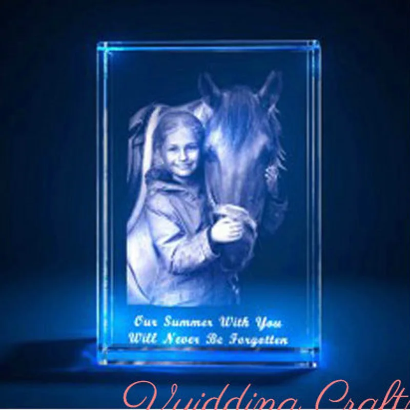 Little Girl With Horse 3D Crystal Paperweight Block For Business Gifts