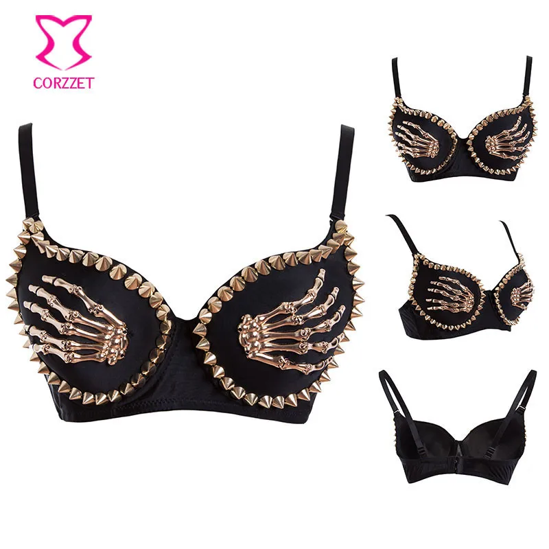 Corzzet Black Skull Hand Rivet Sexy Push Up Gothic Rock Pun bra