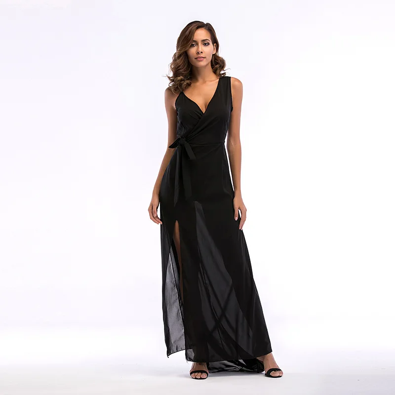spring autumn summer v-neck sleeveless sexy black elegant women long chiffon dress