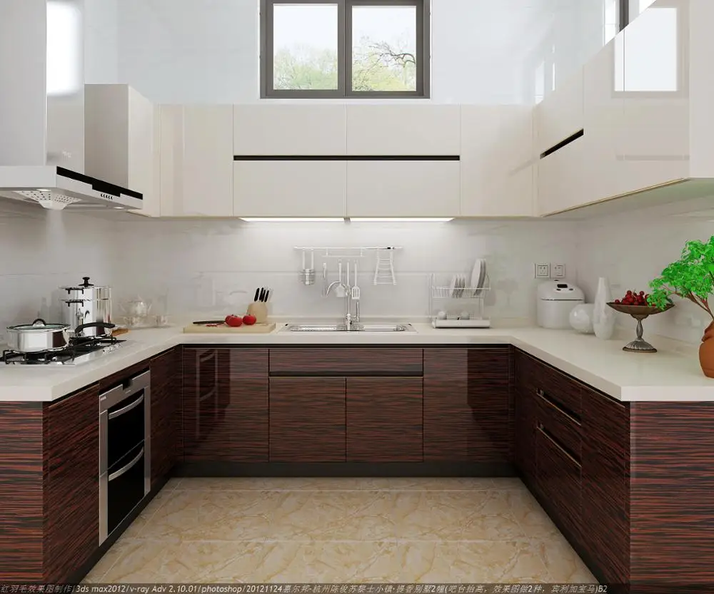 
Modern Gloss Wood Veneer Finish Handless Kitchen Cabinet 