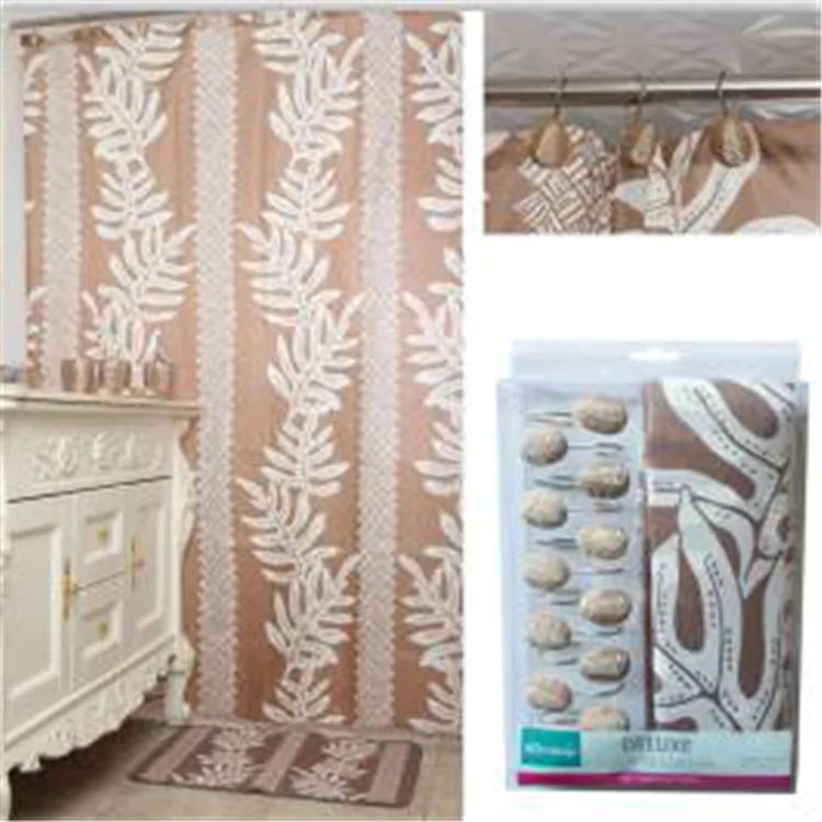 100% Polyester Fabric Shower Curtain with Plastic C Hooks Set of 13