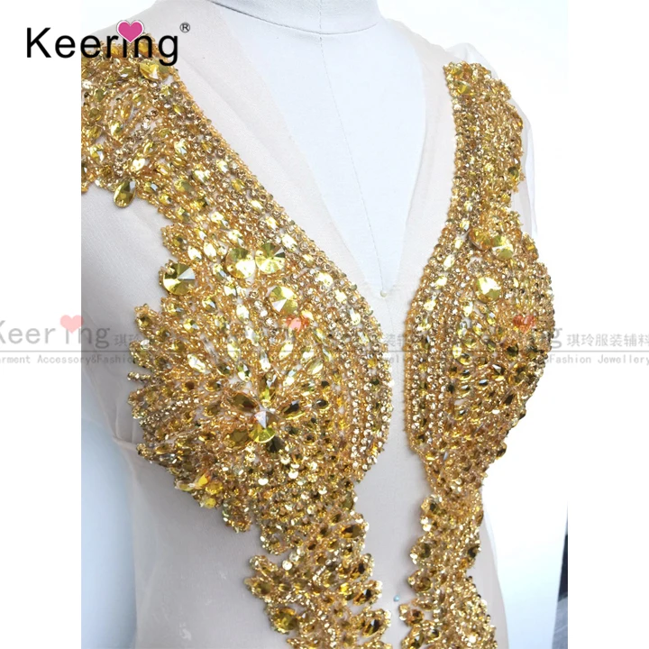 
High end Handmade Keering stock gold glass panel crystal stone bodices applique beading for dress WDP-148 