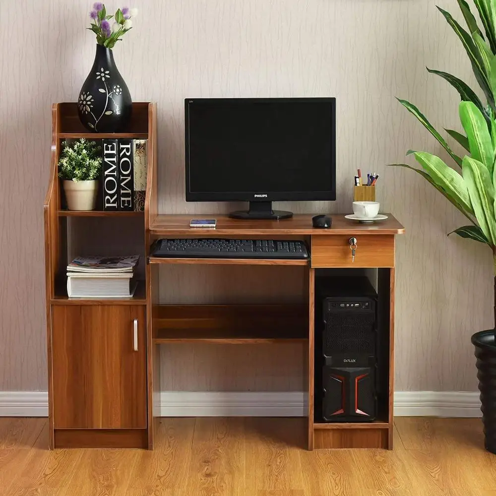 Computer Desk Wood Frame Home Office Efficient Desk with Sliding Keyboard Tray Lockable Drawer Bookshelf Storage CPU Cabinet