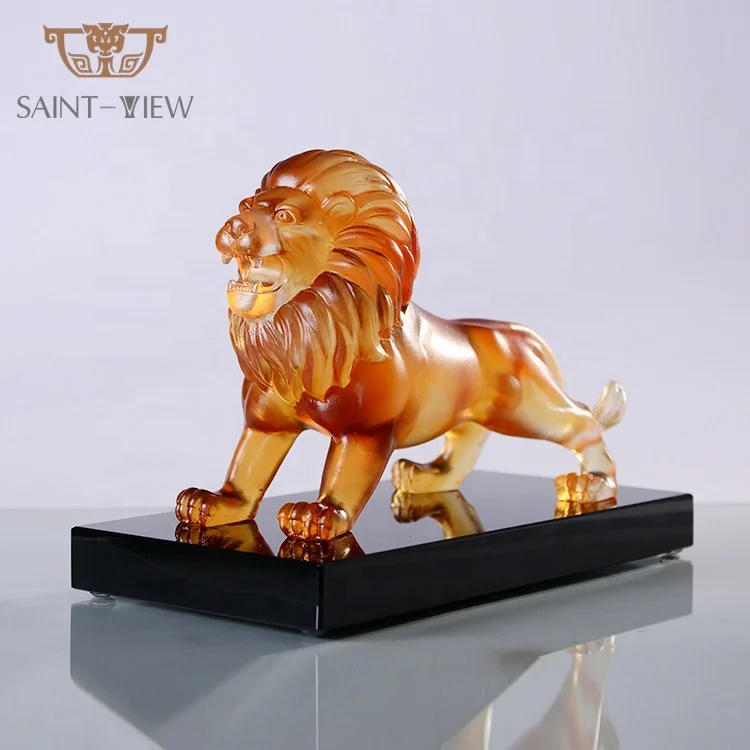 Casting Crystal Glass Amber Lion Wild Animal Statue Figurine Home Decor