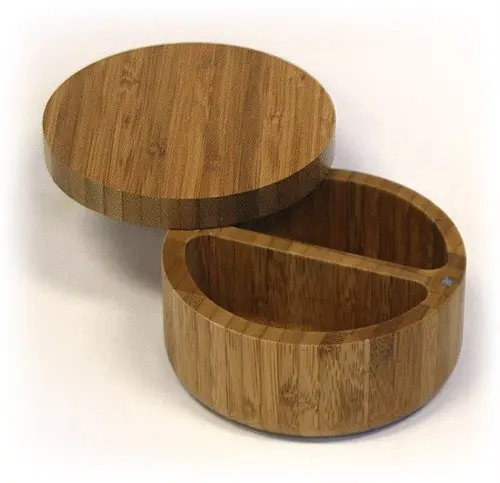Simply Bamboo Wooden Round 2-Compartment Salt Box Removable, Rotating, Magnetic Top