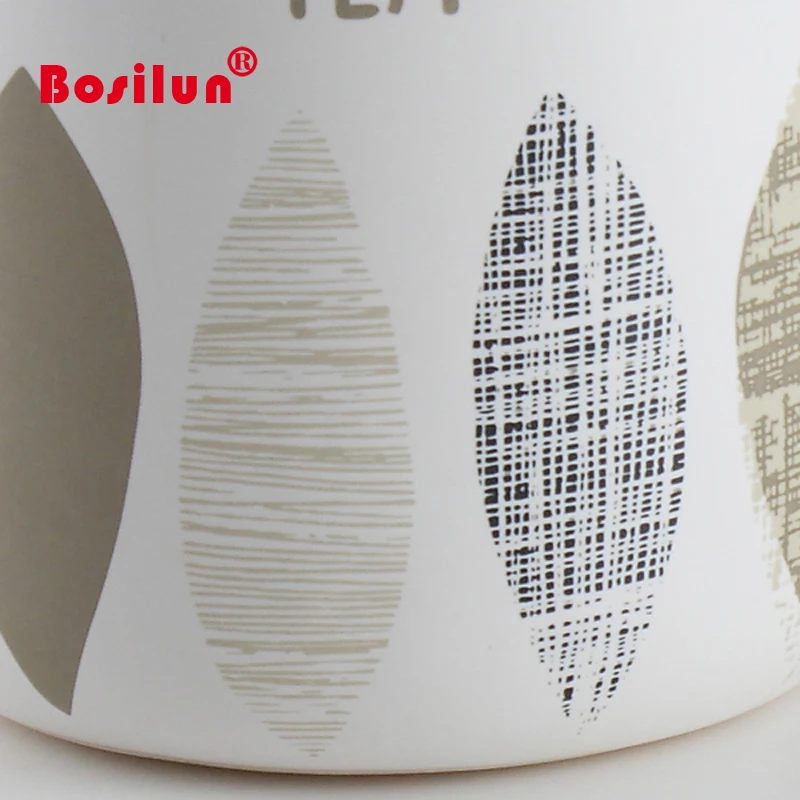 White decaled ceramic canisters set with bamboo lid 3pcs