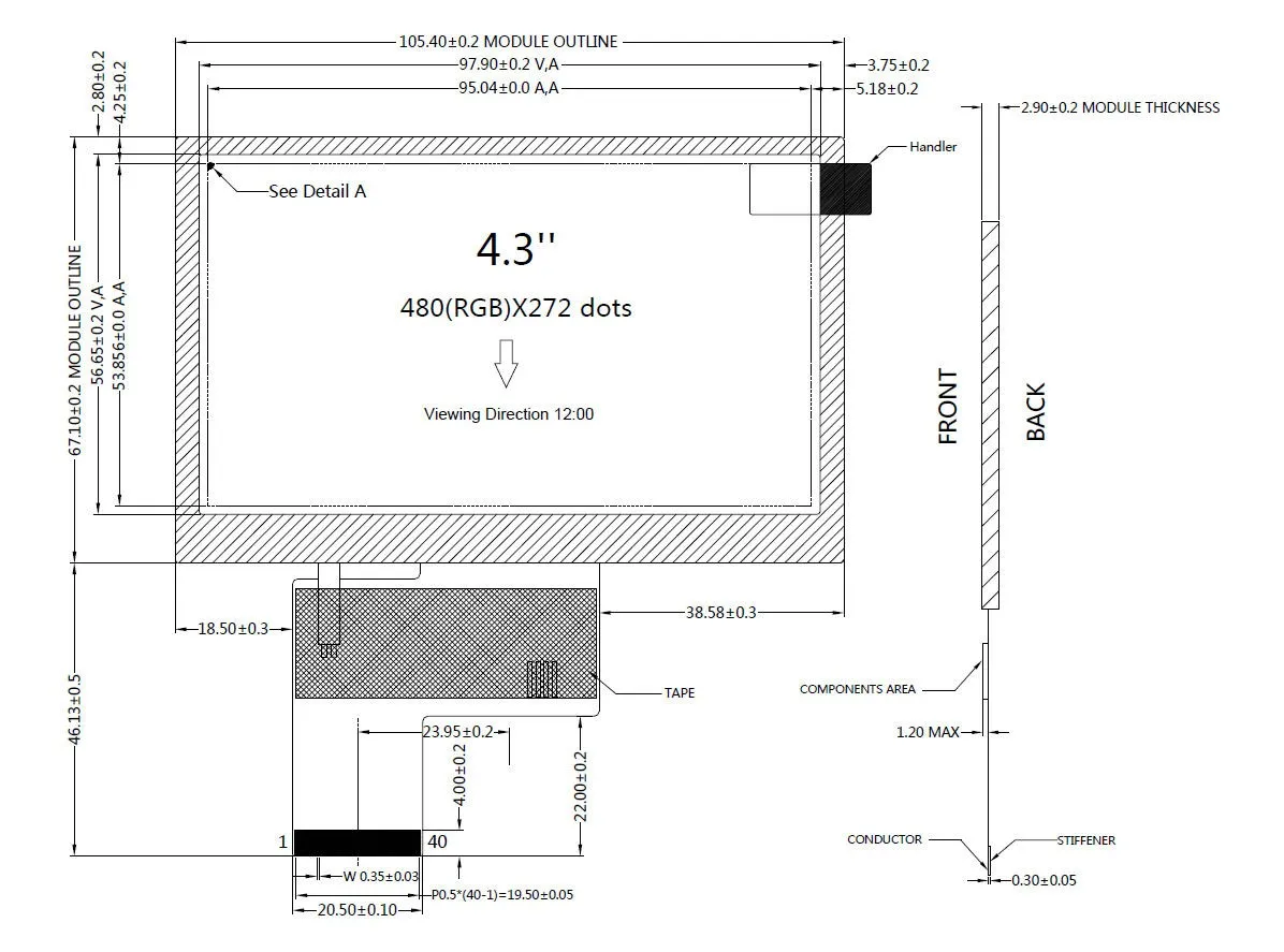 480x272 tft lcd 4.3 inch with 1000 cd/m2 high brightness high luminance