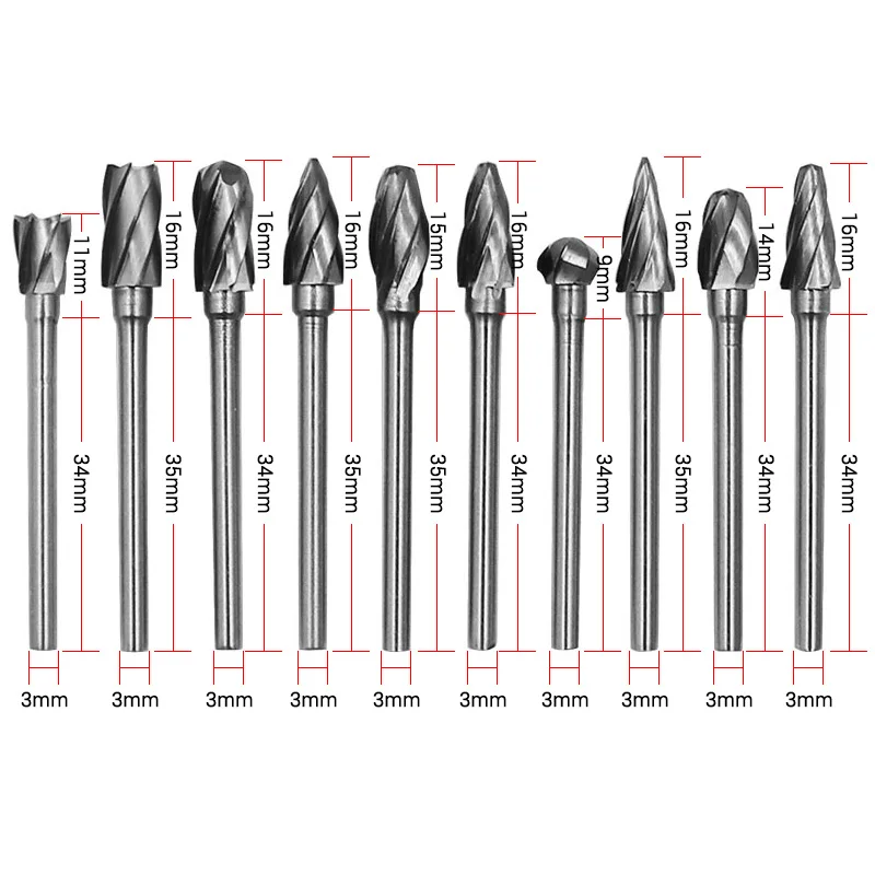 10pcs Tungsten Carbide Rotary Burr SET 3mm Shank Fit Dremel Tools For Dreme Accessories Rotary Files DIY Woodworking Carving