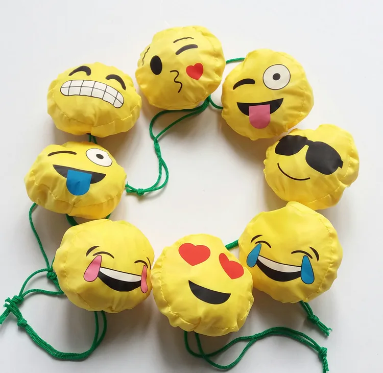 
custom smile face yellow polyester foldable shopping handle tote bag 
