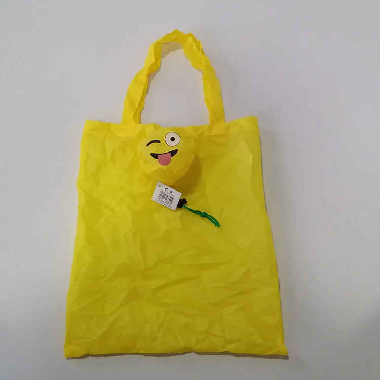 
custom smile face yellow polyester foldable shopping handle tote bag 