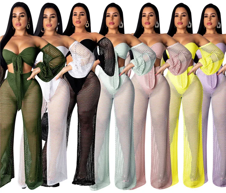 
Mesh off shoulder swim cover up top beach pants 