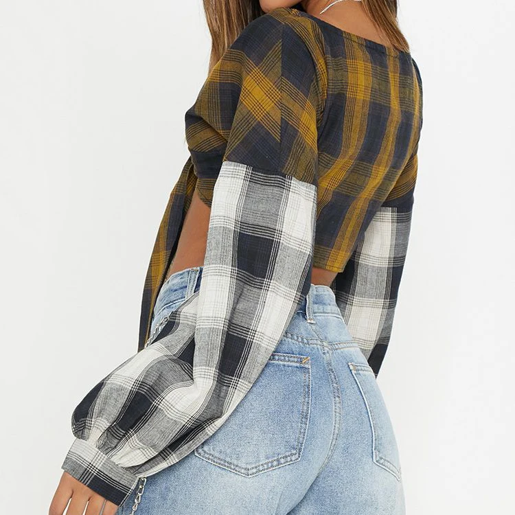 Manufactory custom new design contrast check long sleeve women crop shirt