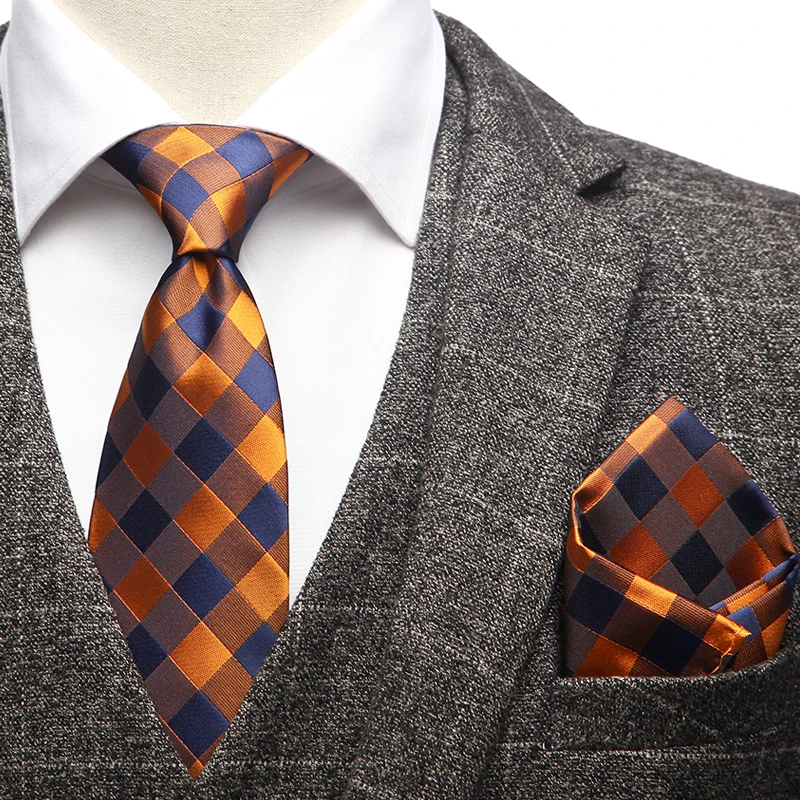 Custom Mens Gravate Tie Set Orange Plaid Woven Microfiber Necktie  Pocket Square Cufflinks Set with Gift Box for Men