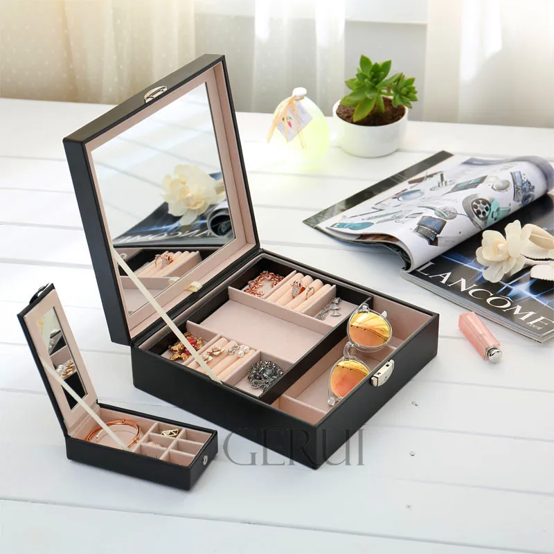 Wholesale Black Leather Foldable Lock Mirrored Jewelry Trinket Box With Mini Gift Box Inside