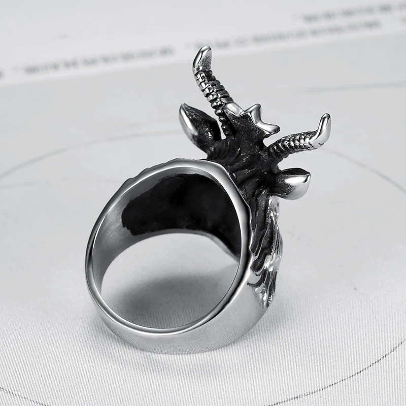 316L Stainless Steel Personality Domineering Halloween Long Horn Satan Ram Goat Ring Vintage Biker Pentagram Male Jewelry