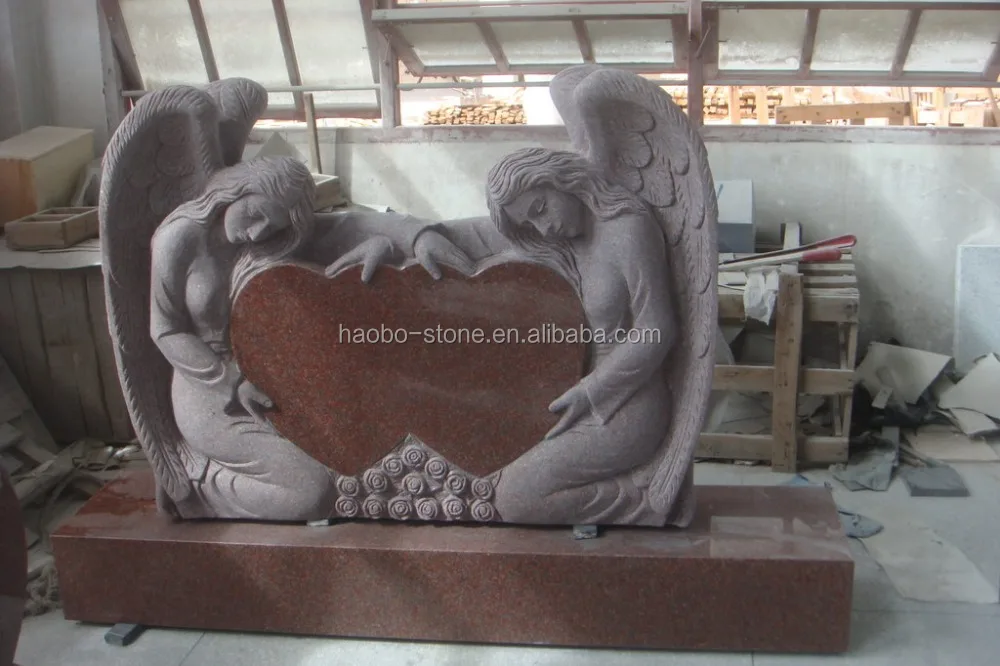 
Indian Red Granite Double Angel Hearts Grave Headstone 