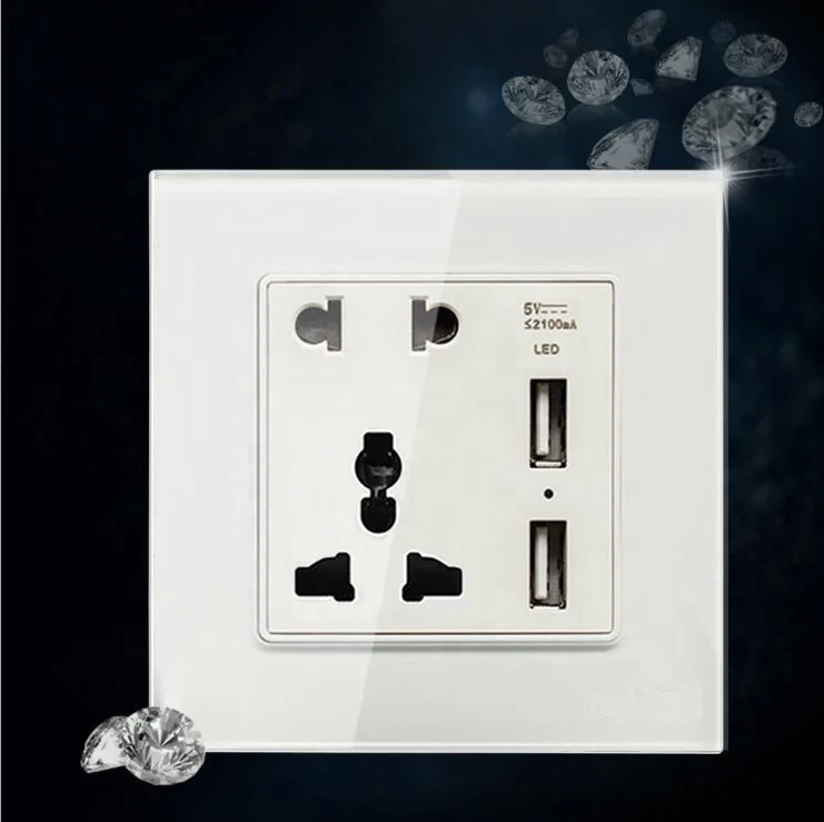 Crystal Tempered Glass Panel Universal 5 Pins Wall Outlet Socket 86 x 86 MM 13A 250V