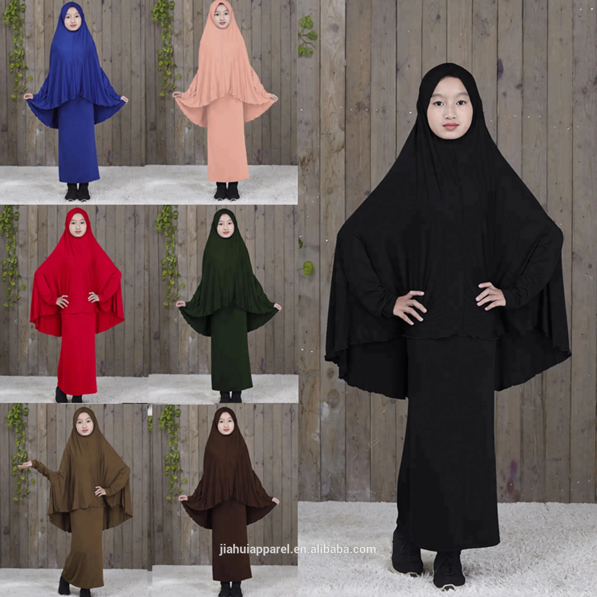 Wholesale Solid Color Muslim Kids Overhead Jilbab Two Piece Hijab Abaya Khimar Headscarf Prayer dress