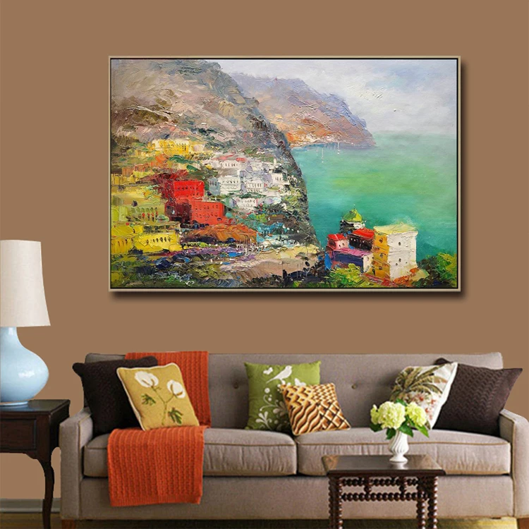 Hotselling Handpainted Palette Knife Mediterranean Seascape Painting with Boats