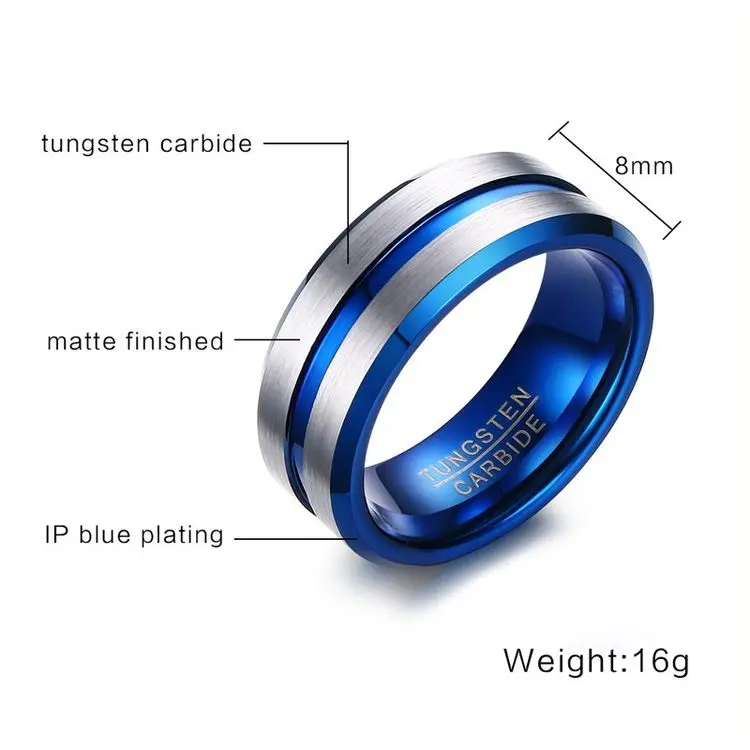 USA Hot Sale New Design Double Offset Line Blue Plated Tungsten Wedding Ring
