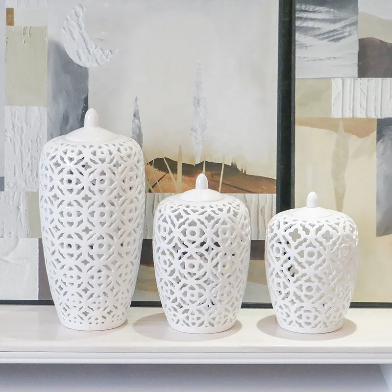
White hollow winter melon ceramic jar modern home and hotel porcelain ornament 