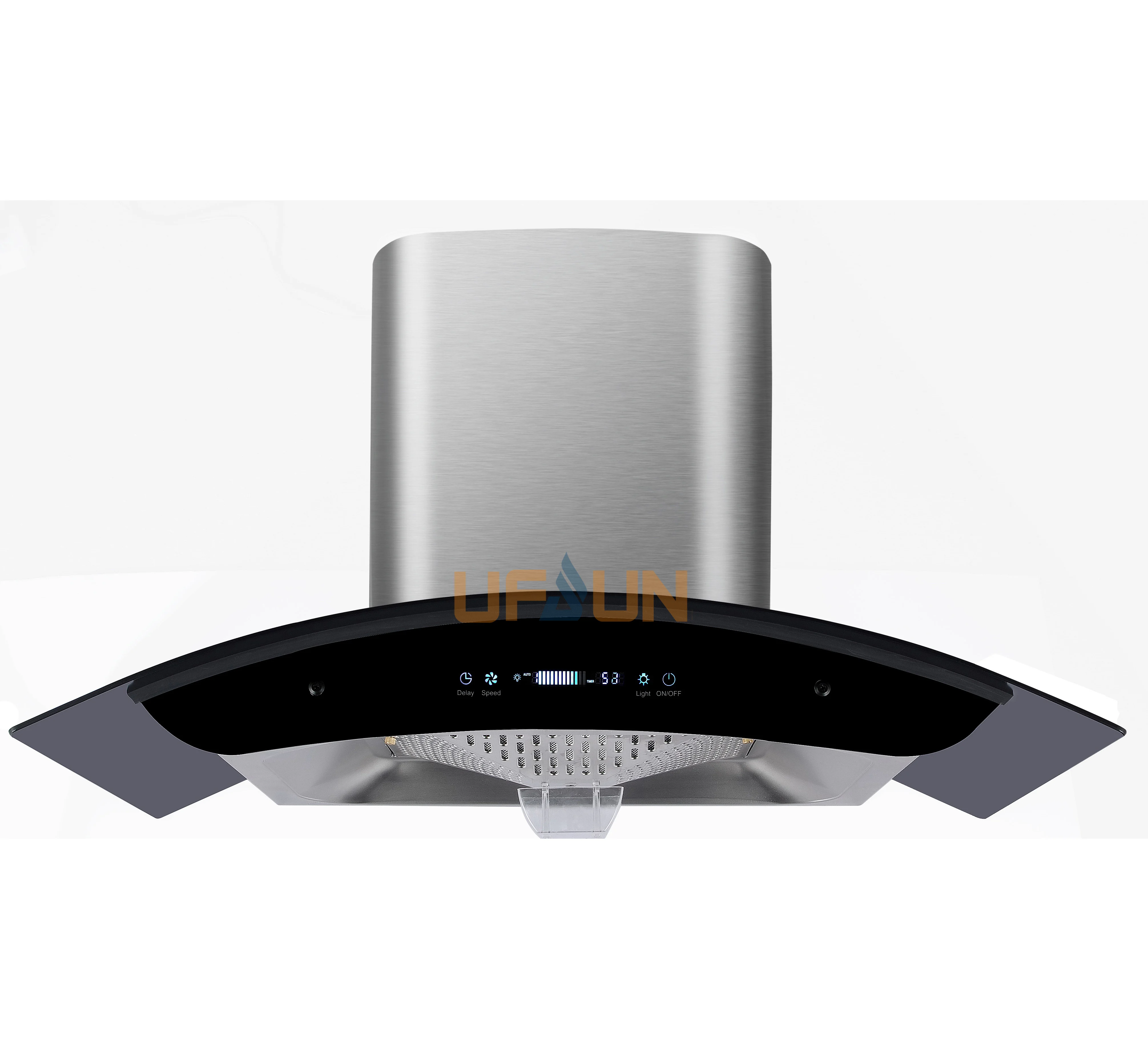 Baffle Filters Hot Sales Oil Cup Kitchen Range Hood Super Suction Curve Glass Cooker Hood for Kitchen
