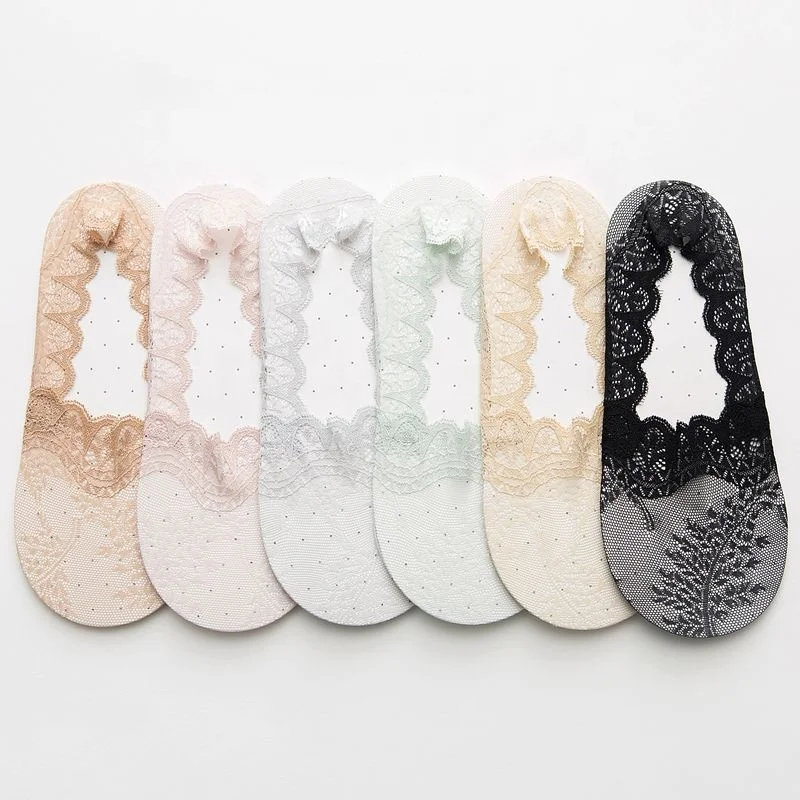 Wholesale Summer women Silica Gel Lace Boat Socks Invisible Cotton Anti-Slip Women Lace Socks