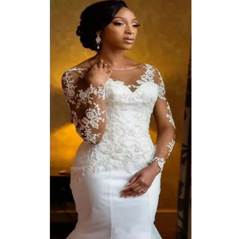 White Wedding Dress Lace Up Back Vestidos De Noiva Sheer Neck Mermaid Long Sleeves Bridal Gowns dresses