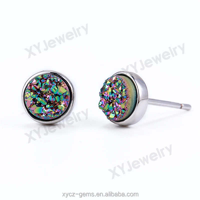 rose  gold plated natural rainbow green earring natural drusy agate stud earrings for girls