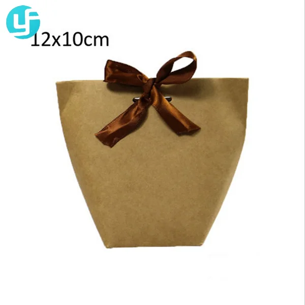 New products 12*10cm small kraft paper gift packaging bag with bowknot
